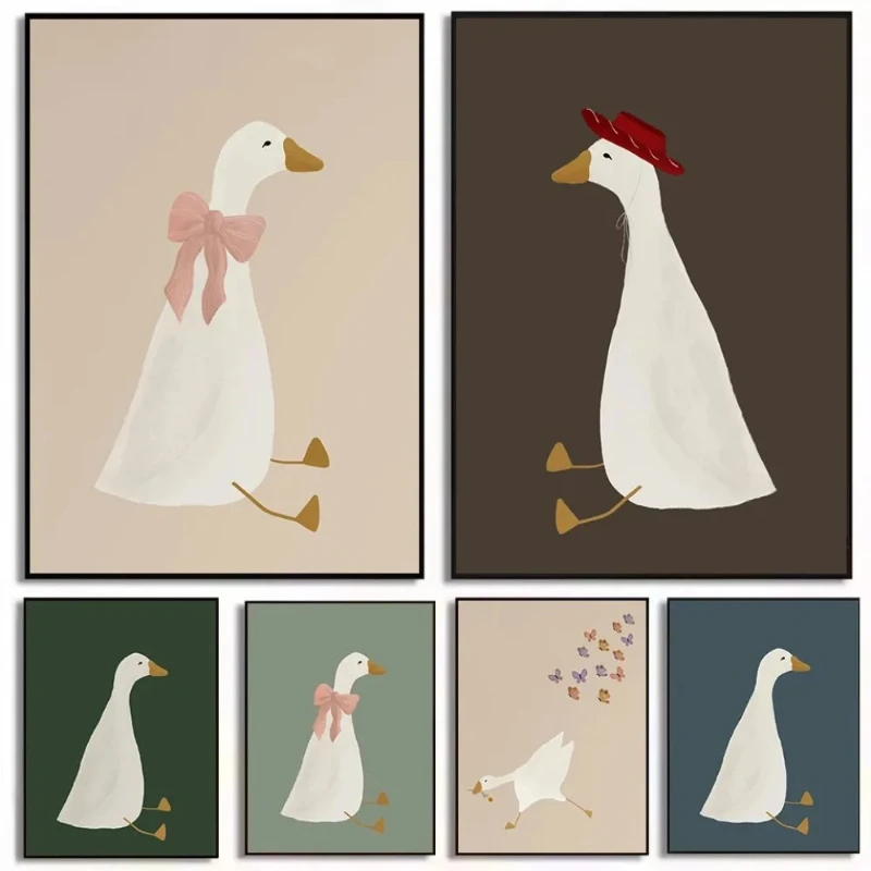 Розовый бант, гусь, шляпа, мать-утка, принты плакатов, мультяшная ферма, животное, холст, картина, настенная художественная картина, детская комната, домашний декор