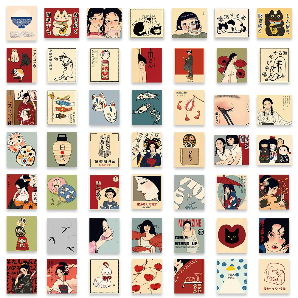 50PCS Retro Cartoon Japanese Culture Aesthetics Stickers DIY Manual Scrap Book Laptop Luggage Waterproof Graffiti Stickers view 6