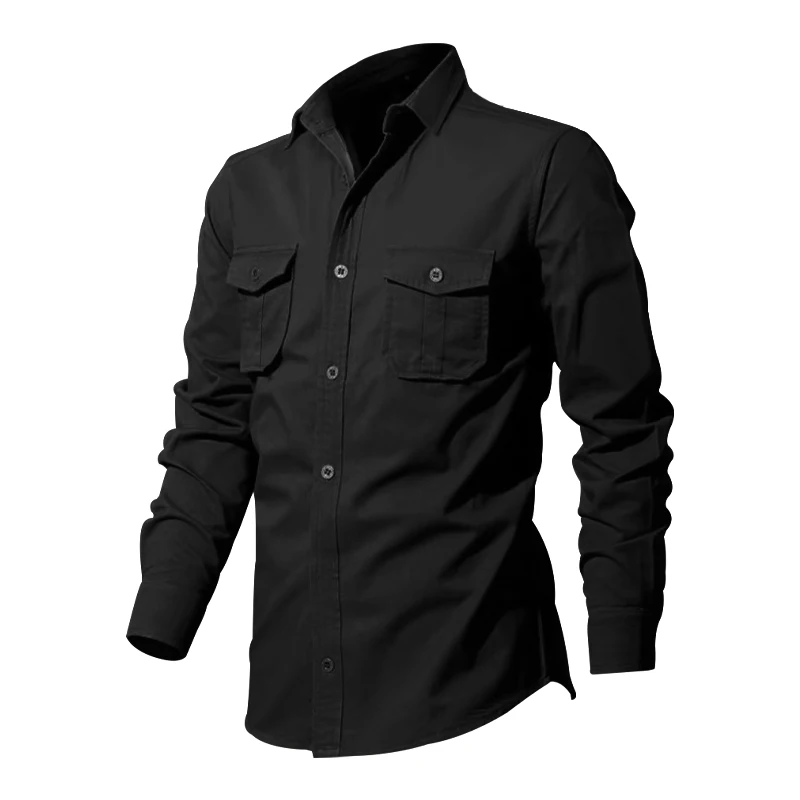 Spring And Autumn New Men\'s Shirt Loose Large Size Multi-pocket Vintage Cargo Shirt Solid Color Lapel Long-sleeved Shirt