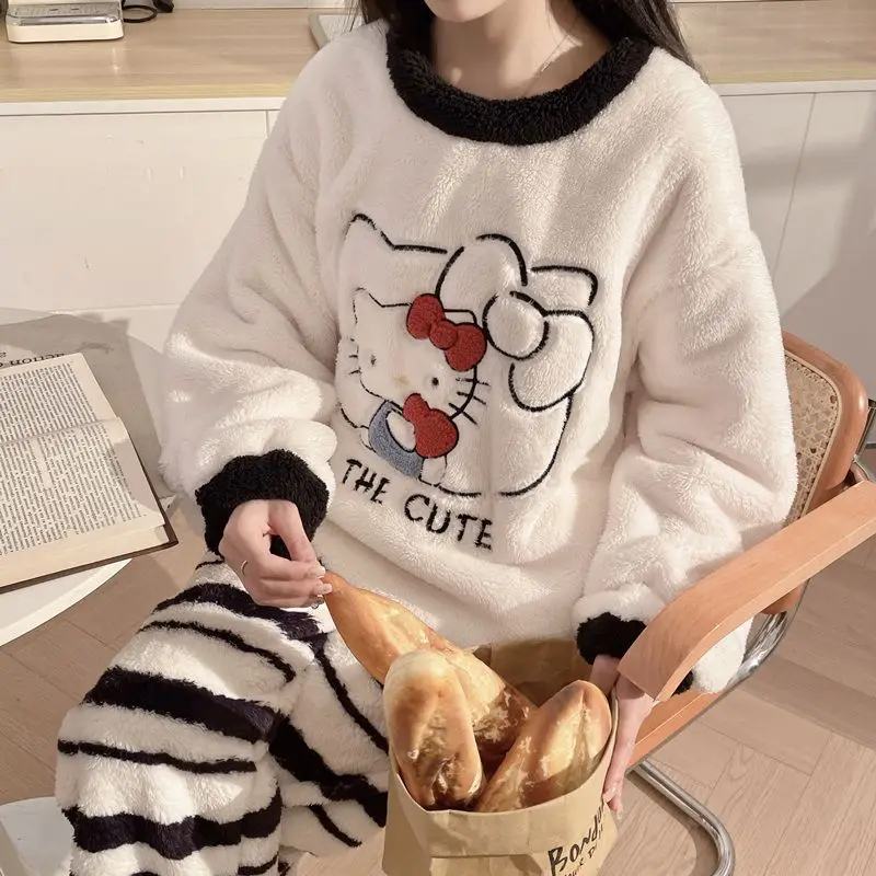 

Коралловые бархатные пижамы Hellokitty для девочек на осень и зиму, утепленная теплая фланель, большой размер, свободный комплект домашней одежды