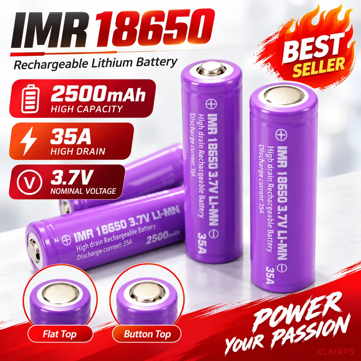 IMR 18650 Battery 2500mAh 3.7V 35A High Drain Rechargeable Li-ion Cell Flat Top Button Top Battery for Flashlight Power Tool DIY