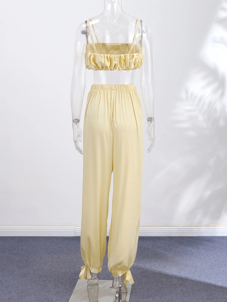 Plissierte kurze Tube-Tops, Hosenanzüge für Damen, sexy Spaghettiträger, ärmelloses, kurzes Top, elastische Taille, Schnürhose, neue Outfits – Detail 4