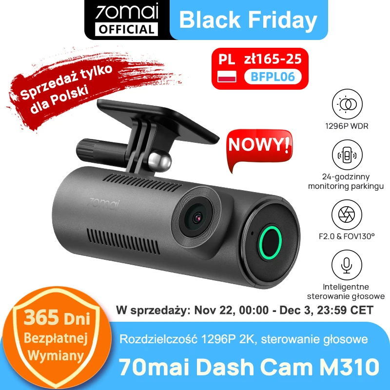 2024 New 70mai Dash Cam M310 1296P F2.0 Aperture 130°FOV Night Vision Voice Control 24H Parking Monitor 70mai M310 Car Recorders