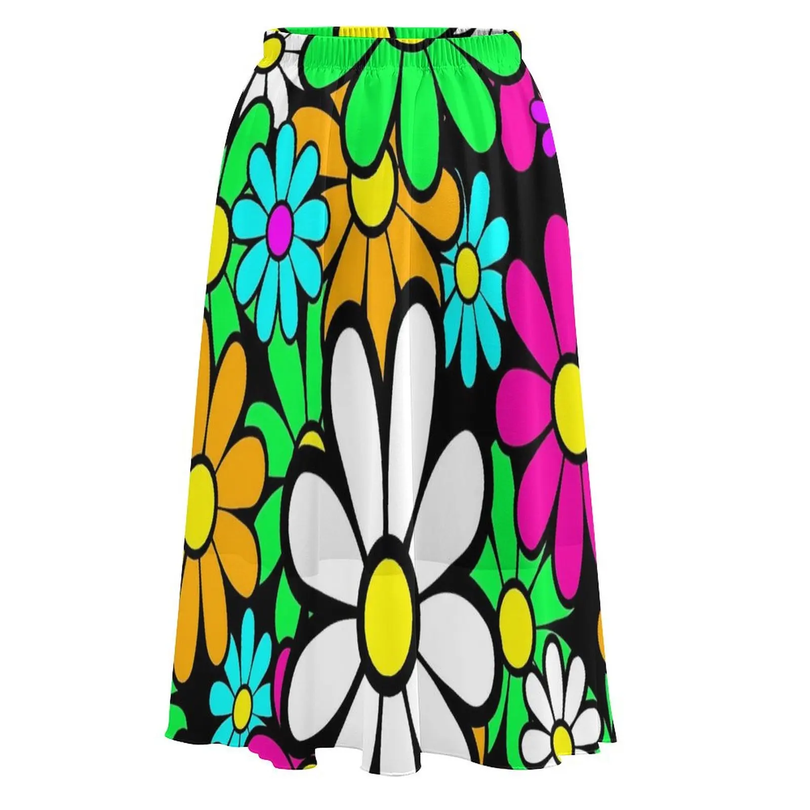 Retro Flower Power Skirt Happy Daisies Retro Długie spódnice Wiosna Street Wear Wysoka talia Szyfonowa grafika Duży rozmiar Spódnica o linii A