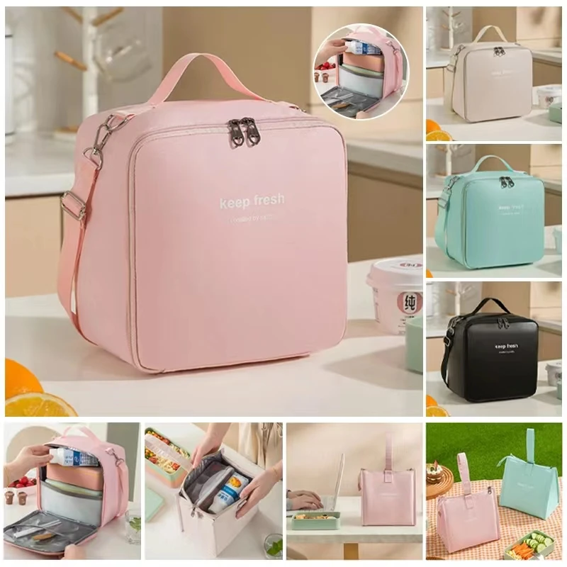 Crossbody Waterproof Lunch Bags PU Leather Food Picnic Lunch Box Insulated Women Cooler Bags Ice Pack Drink Carrier Thermal Bag