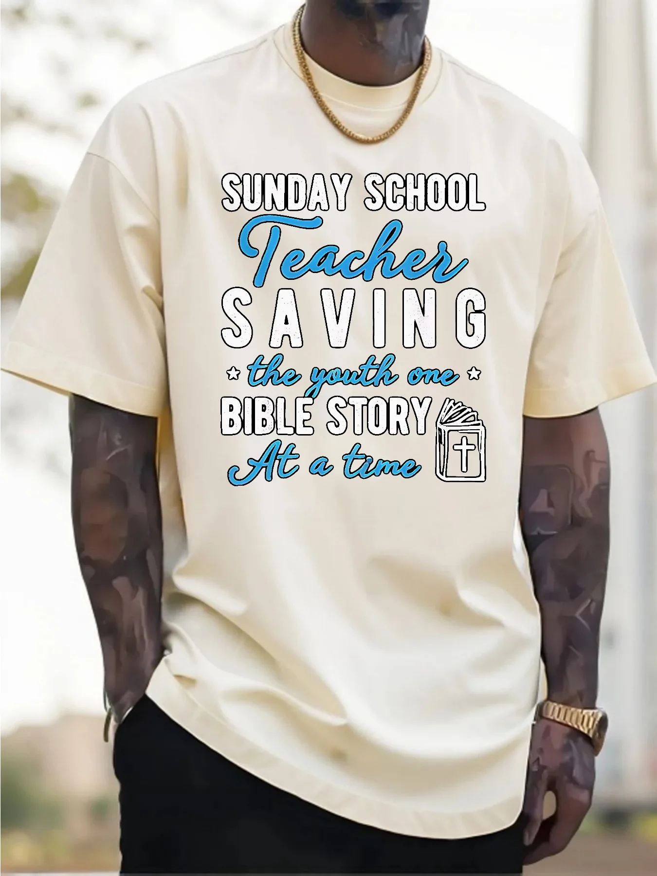 เสื้อยืดครูโรงเรียนวันอาทิตย์ สีขาว ช่วยเหลือเยาวชน เรื่องราวพระคัมภีร์หนึ่งเรื่องในครั้งเดียว เครื่องแต่งกายคริสเตียนสำหรับกิจกรรมในคริสตจักร