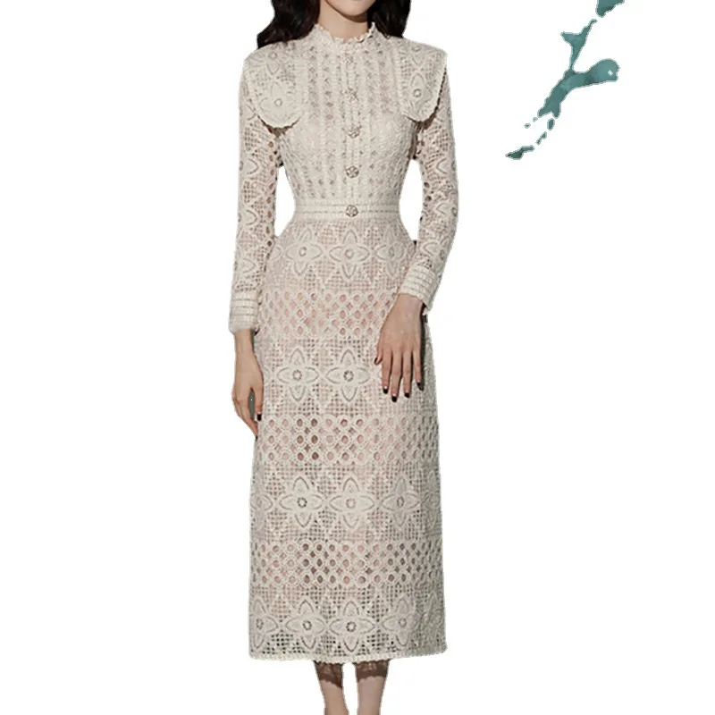 Fashion Dress for Women 2022 Spring Clothes New High Waist Slimming Temperament Long Sleeve Hollow Design Lace Long Dress