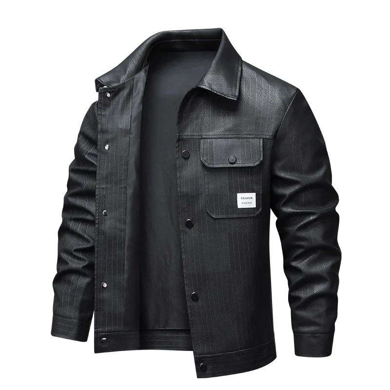 

Man Autumn Coat Motorcycle Punk Windproof Long Sleeve Male Leather Jacket Striped Turn Down Collar Zipper Men Outerwear