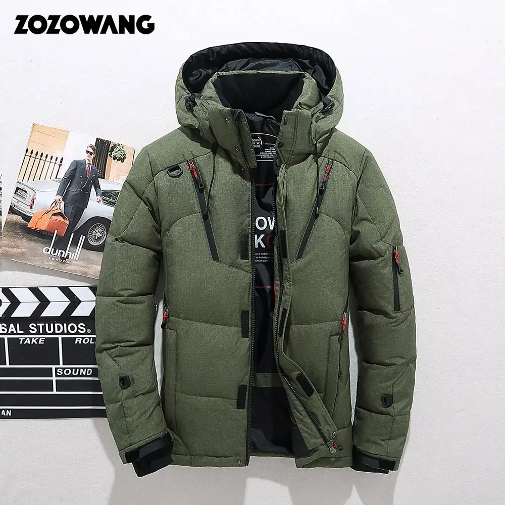 Chaqueta de plumón de pato ZOZOWANG para hombre gruesa con capucha de manga larga azul con cremallera chaqueta de bolsillo de invierno con pluma