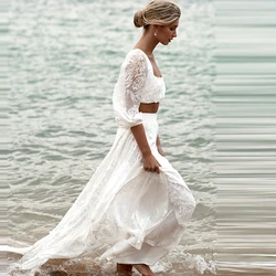 Two Piece Bohemian Wedding Dress Square Neck Open Back Sweep Train Bridal Gowns Half Sleeve Lace Wedding Dresses