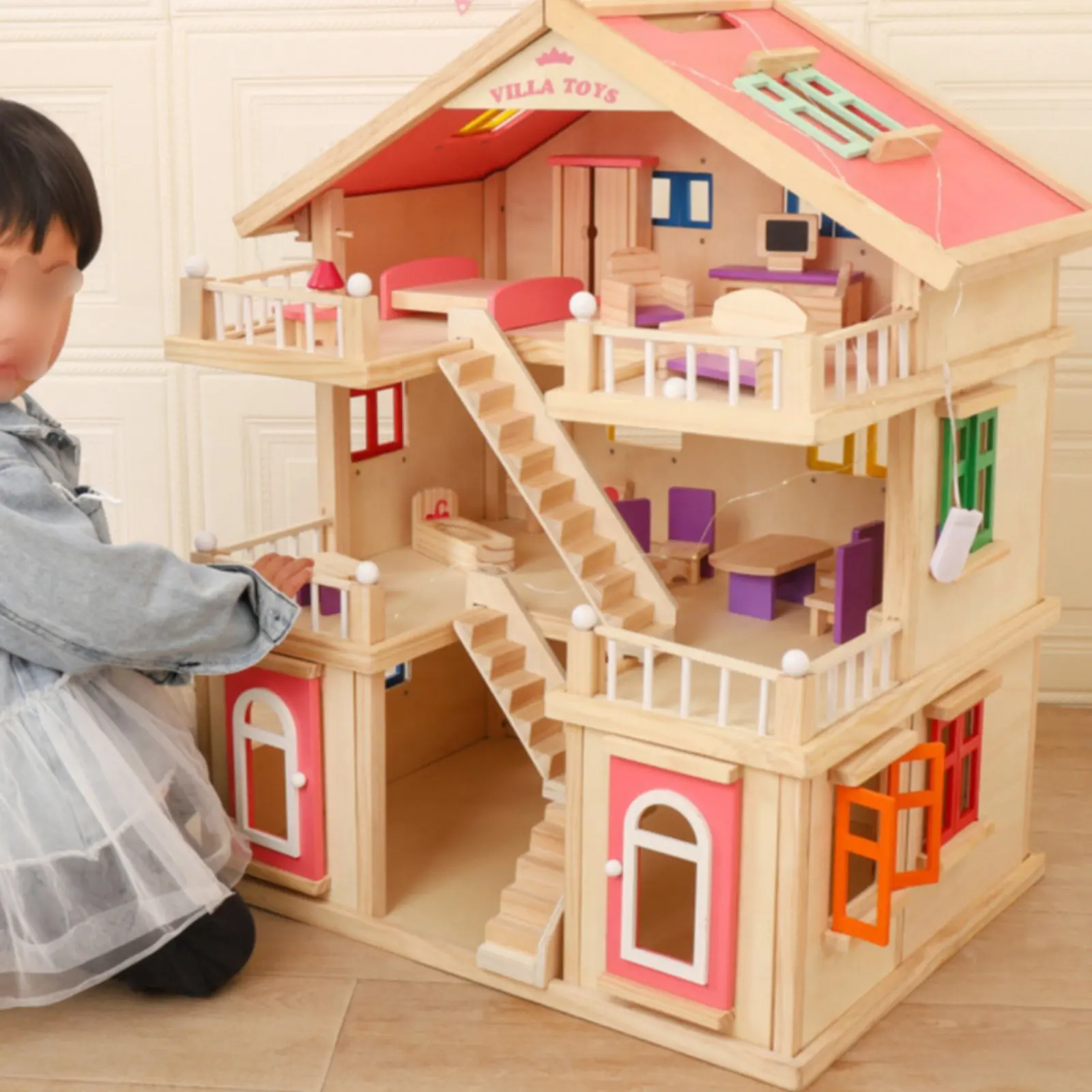 

Spanish Villa Dollhouse Solid Wood Three-Story Dollhouse Pretend Play House Educational Doll House Playset Multi-Room Design