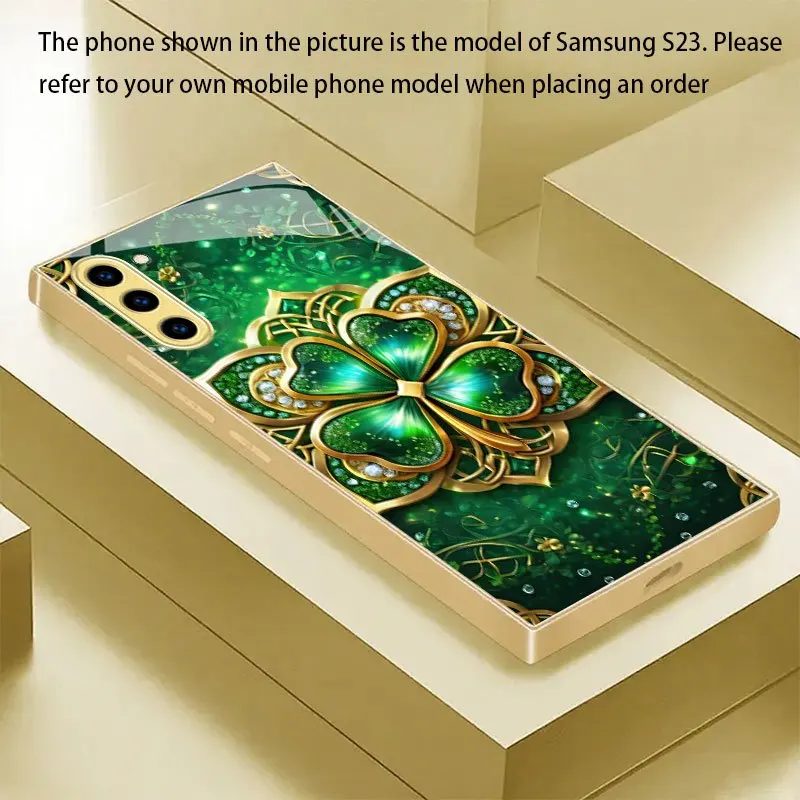 Four leaf clover gold glass phone case suitable for Samsung Galaxy S26 S25 S24 S22 S21 S20 FE/Ultra/Plus hard case
