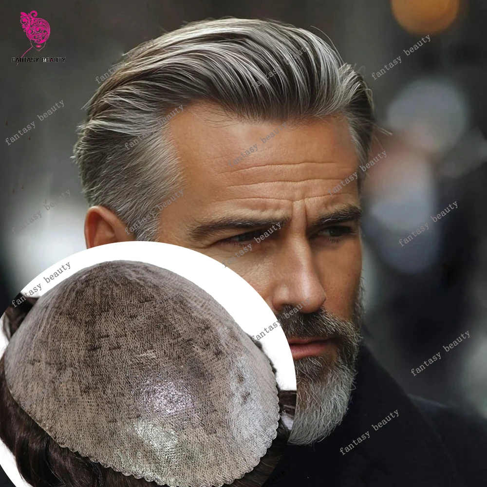 

1B65 1B80 Серый Мужской Парик 100% Человеческие Волосы Натуральная Линия Волос Прочный Микрокожа ПУ Темно-Коричневый Невидимый Протез Капиля