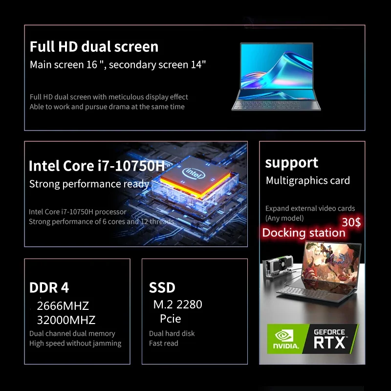 Intel Xeon W-10885M  Dual Screen Laptop 16 Inch (14 Inch Touch Screen) Gaming Laptop Notebook Computer DDR4 Windows 10 11 Pro