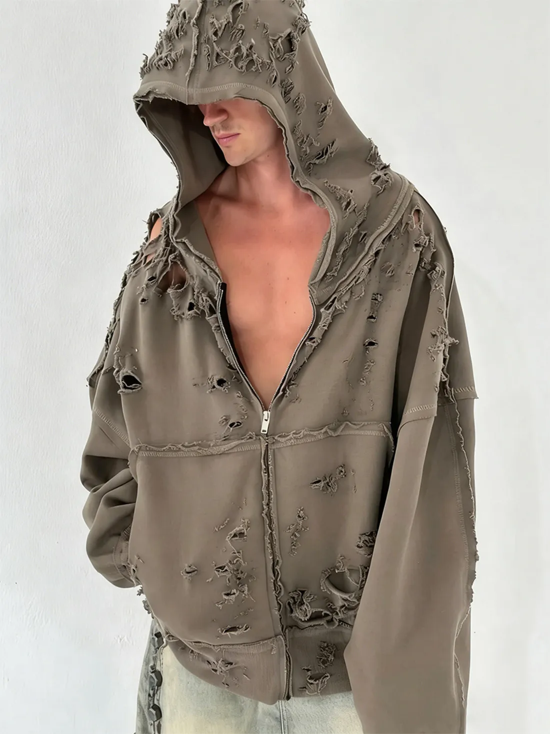Jaqueta Moletom Desbotada e Desgastada de Algodão com Manga Longa para Homens e Mulheres - Moda Casual de Inverno