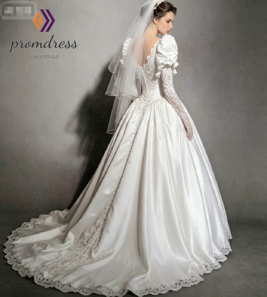 Vintage 90s Satin Princess Wedding Dress 2026 Puff Sleeve Lace Illusion Neck Lace Bridal Gowns Elegant Victorian Drop Waist