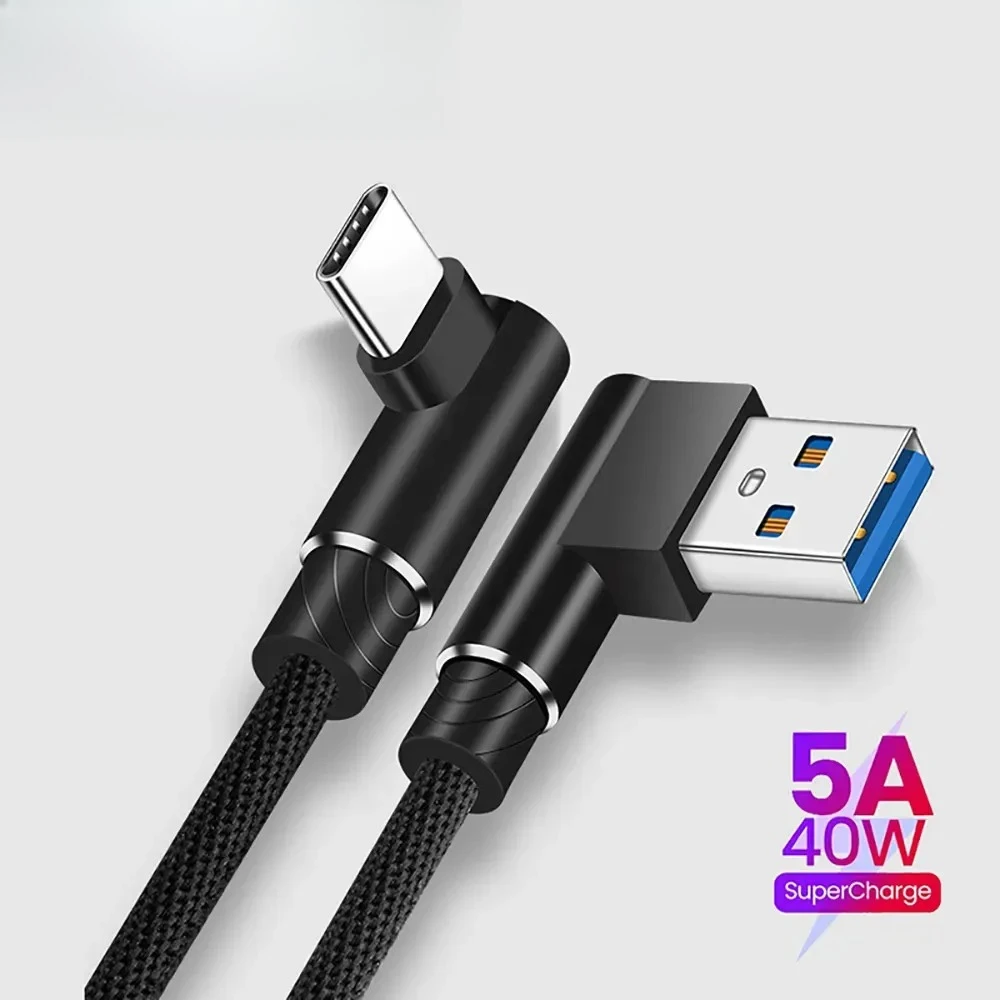40W 90 Degree Elbow USB to Type C Quick Charge Data Cord Nylon Braided Fast Charging Cable for Huawei Xiaomi Samsung Phone Cable