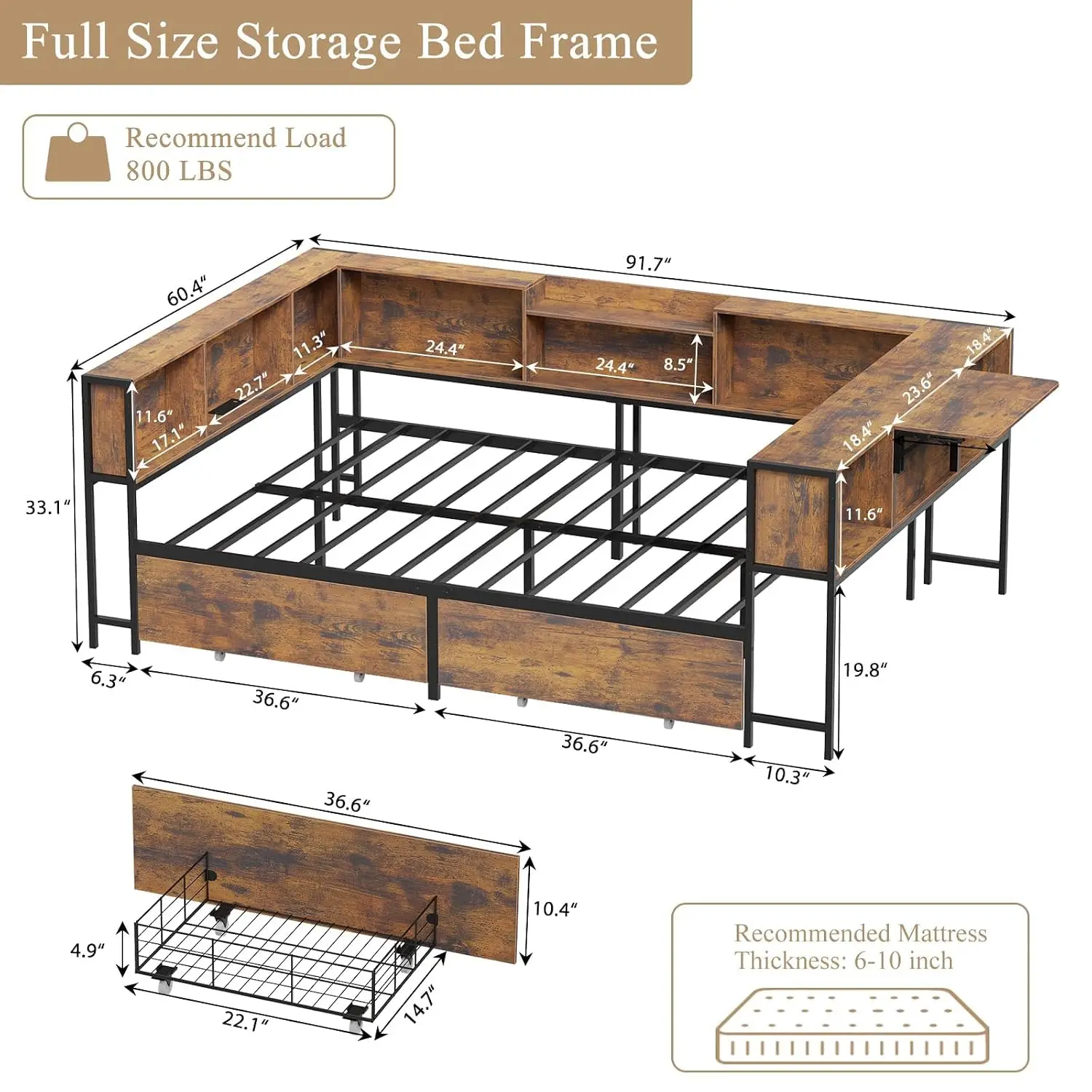 Full Bed Frame Storage Bookcase Desk Charging Station Drawers U-Shaped Metal Platform Teen Kids Bedroom, Customized