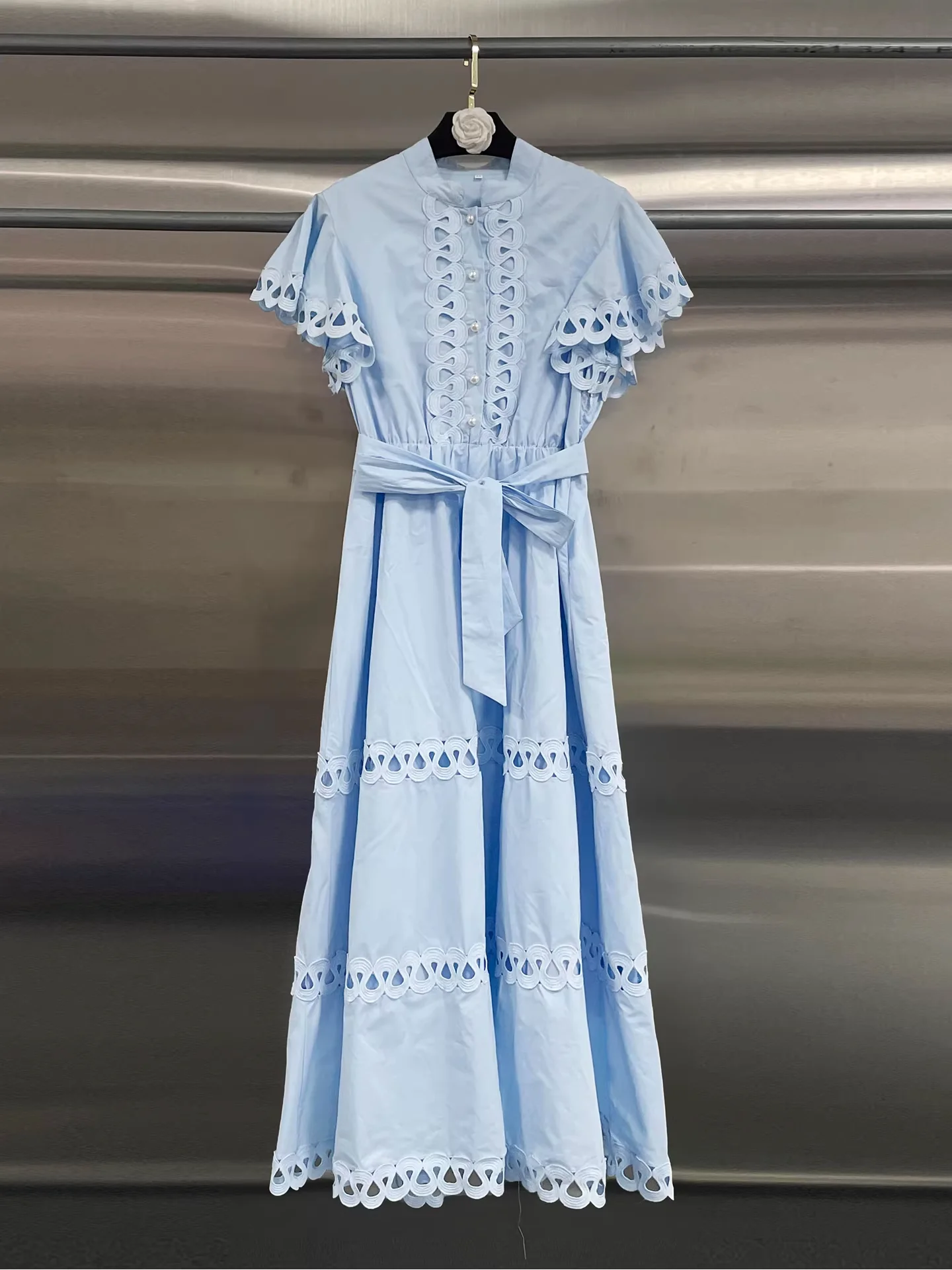 DFDG Women's Spring Summer Lime Green Cutout Embroidery Dress Short Sleeve Belted Maxi Casual Wear 2026 Trendy Feminine Dress