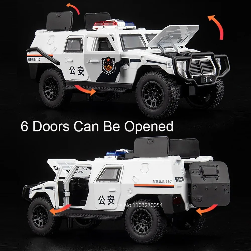 1/32 Dongfeng Warrior Toys Cars Model Alloy Diecast SUV Police Car Sound Light Pull Back Metal Body Rubber Tire Toys Kids Gifts