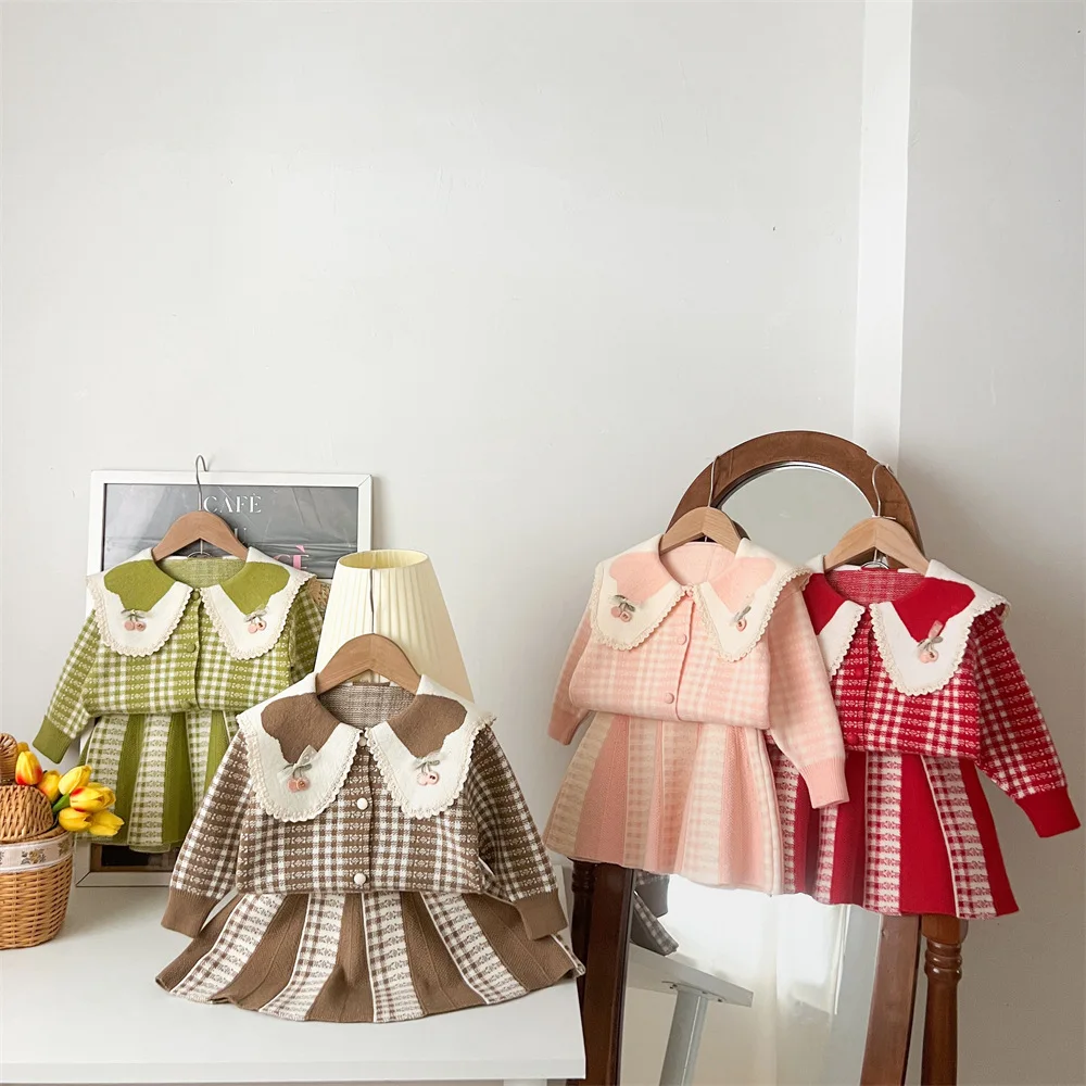 Autumn New Baby Girls Cardigan + Knitted Skirts 2 Pcs Sets Kids Cotton Clothes Knitwear Toddler Girls Sweaters Pullovers Coat