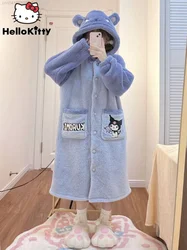 Sanrio Kuromi Baku Pajamas Robe Girl Winter Plush Thickened Nightgown Cute Anime Home Fur Sleepwear Pjs Pyjama Loungewear Female