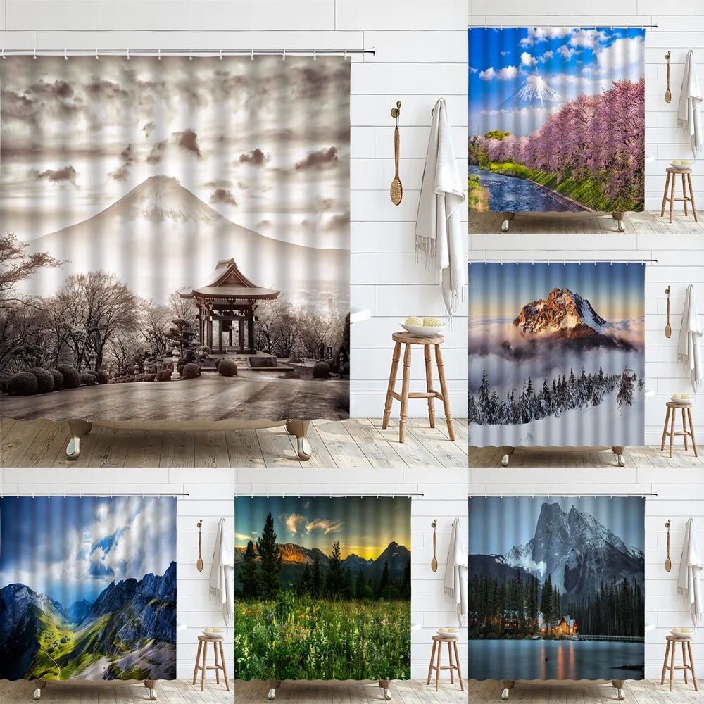 

Mount Fuji Park Shower Curtain Pink Cherry Blossom Scenery Mountains Polyester Bath Curtains For Bathroom Waterproof with Hooks