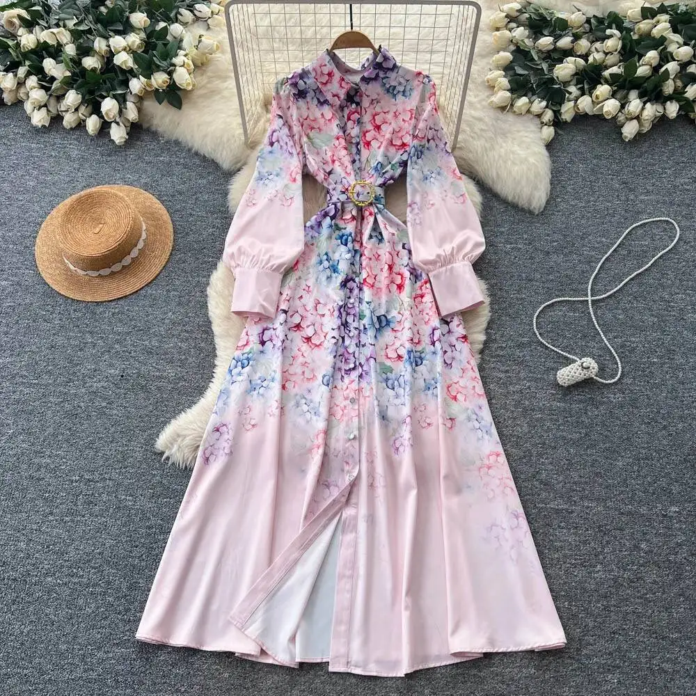 

Элегантное однобортное платье в стиле ретро с поясом, свободное повседневное платье с длинными рукавами и высокой талией, женская одежда, церемониальные платья