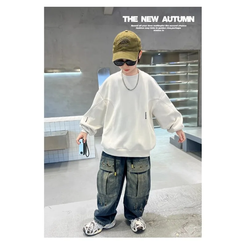 RAISE 2026 Herbst Kinder Jungen Sweatshirts Locker Geschnitten Einfarbig Vielseitig Junior Jungen Pullover Rundhals Langarm Oberteile für Teenager – Detail 4