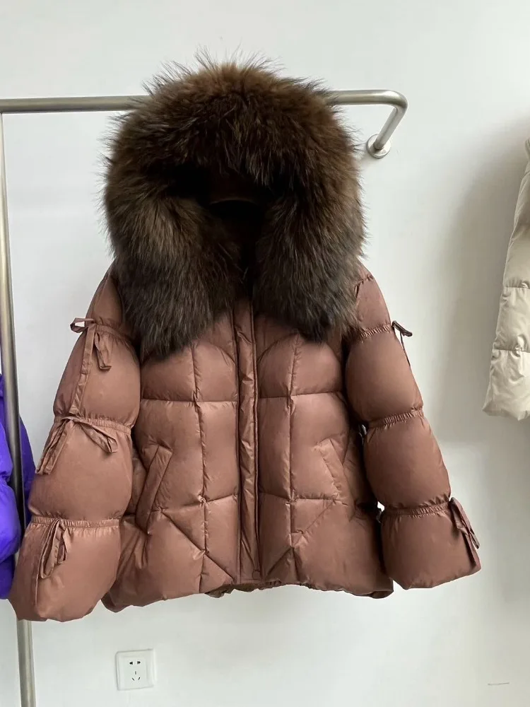 Nova moda feminina roupas de inverno gola de pele de raposa natural puffer jaqueta grosso quente branco ganso para baixo casaco de pele real parker