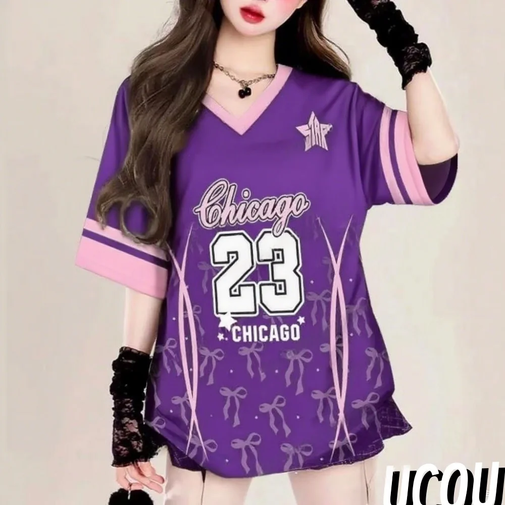Summer Number 23 CHICAGO Print V-Neck Women Short Sleeve T-Shirt Tee Baseball Jerseys Daily Tops Tees Female Oversized Clothing