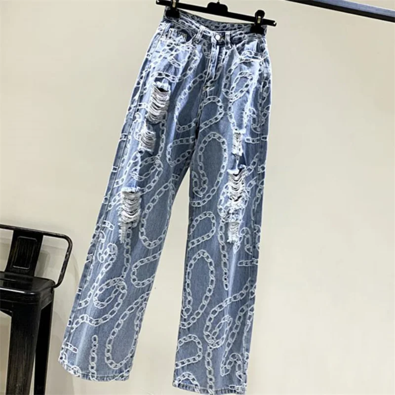 

Printed high waist denim wide leg pants women's summer ripped ins straight trousers