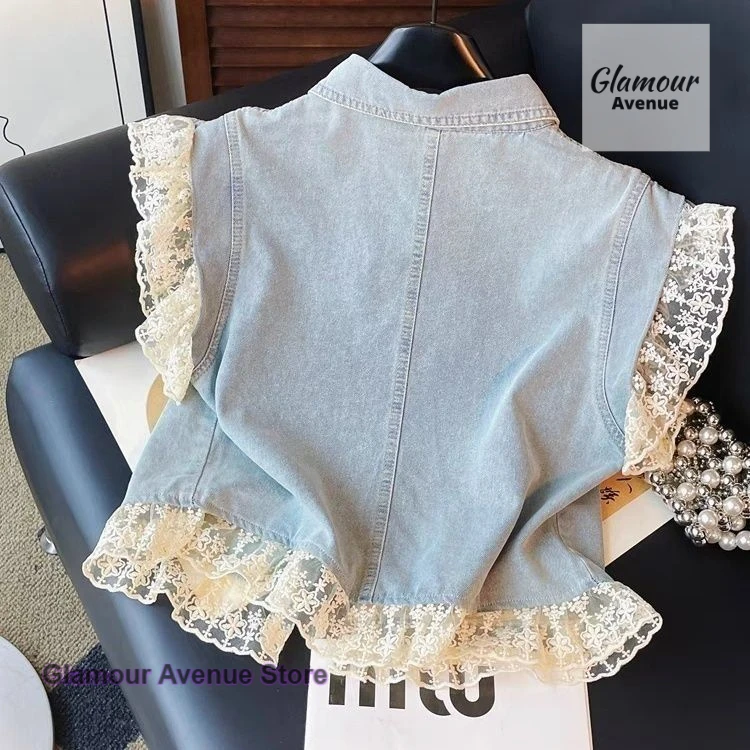 الفرنسية عالية الجودة الدانتيل خياطة قصيرة الدنيم سترة المرأة الصيف موضة جديدة فضفاضة البرية تحلق الأكمام معطف غير رسمي بسيط. #2