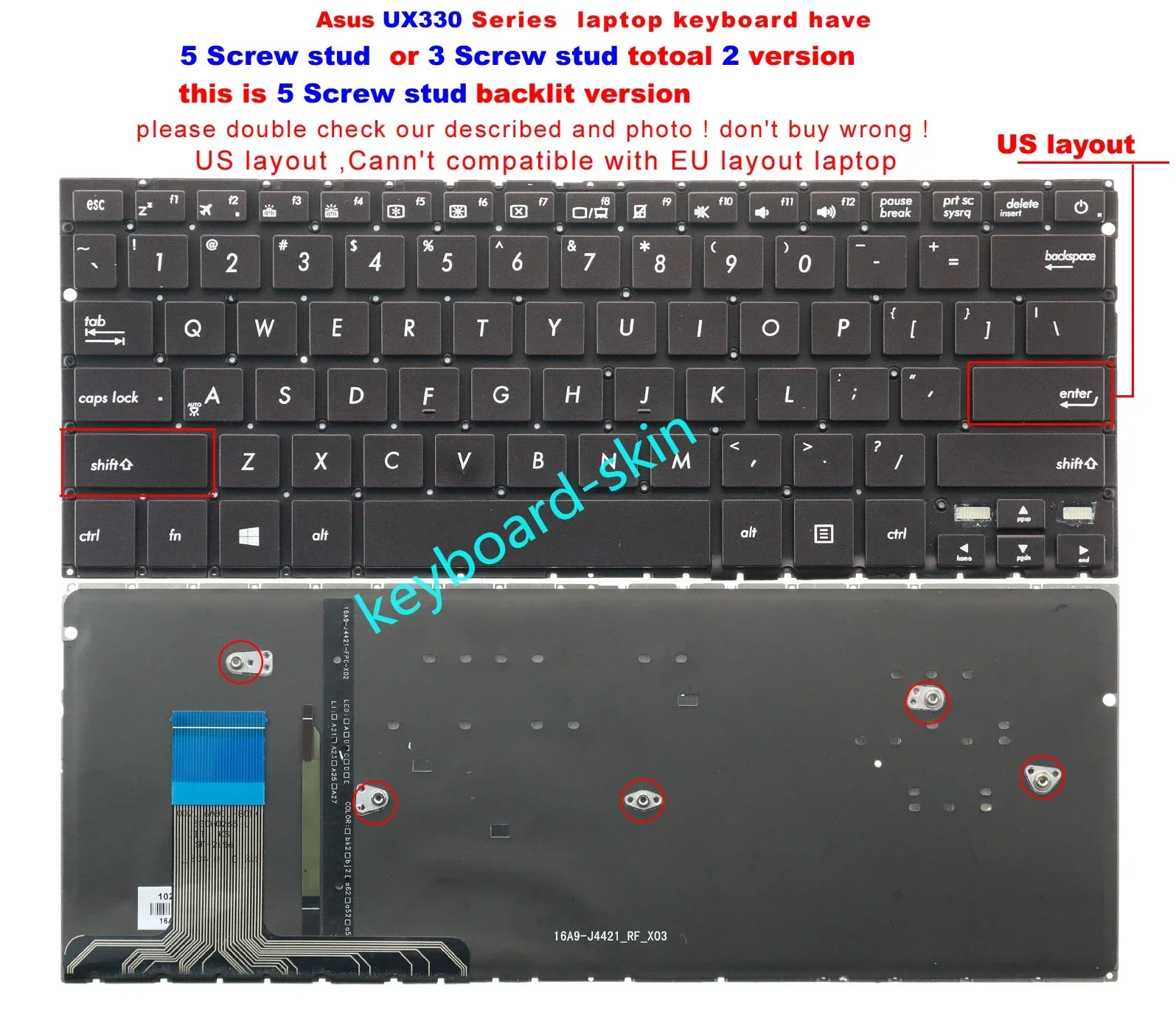 New 5 screw stud US Backlit Keyboard NO-frame for Asus ZenBook UX330 UX330C UX330CA UX330CAK UX330U UX330U UX330UA laptop