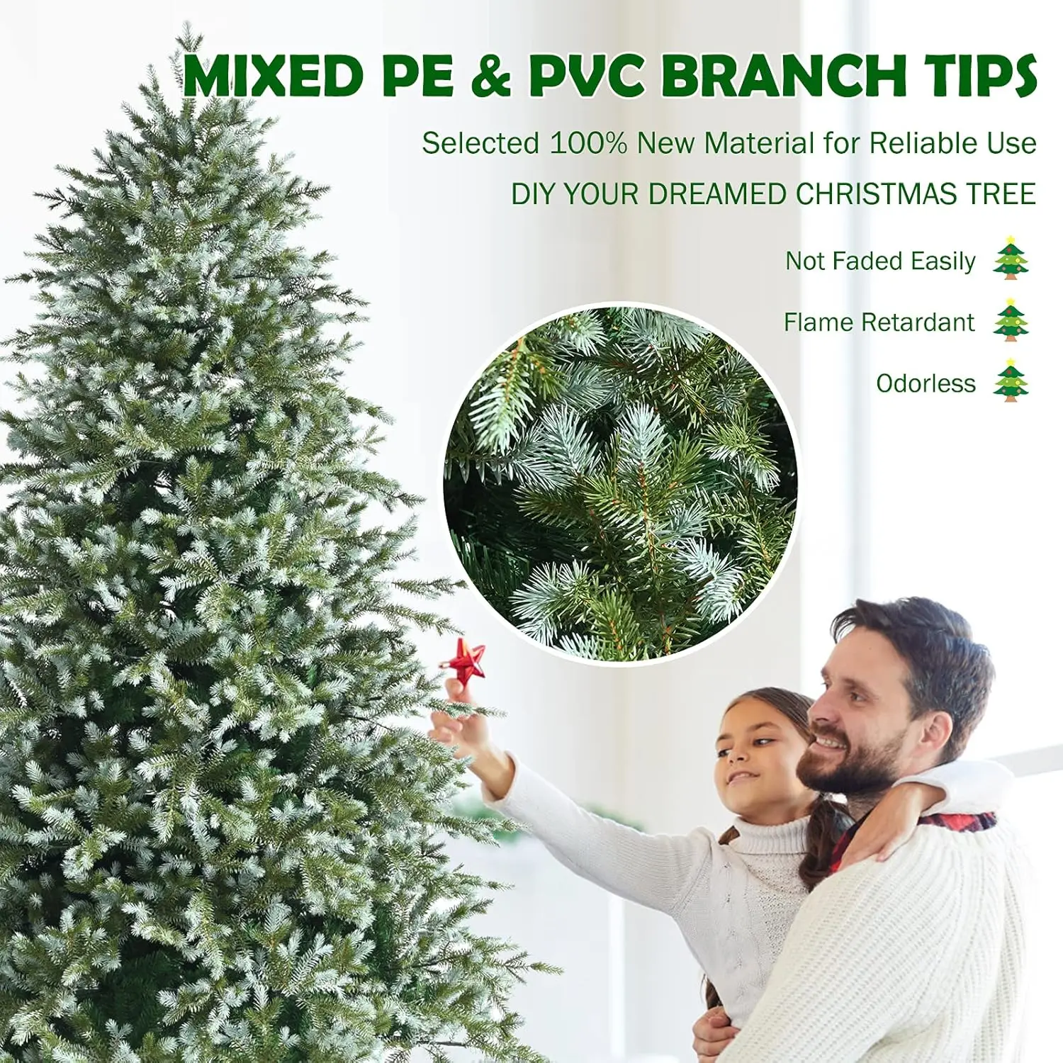 8ft Artificial Christmas Tree, Feel Real Unlit Hinged Xmas Spruce Tree w/ 1658 Mixed PE & PVC Branch Tips, Metal Stand