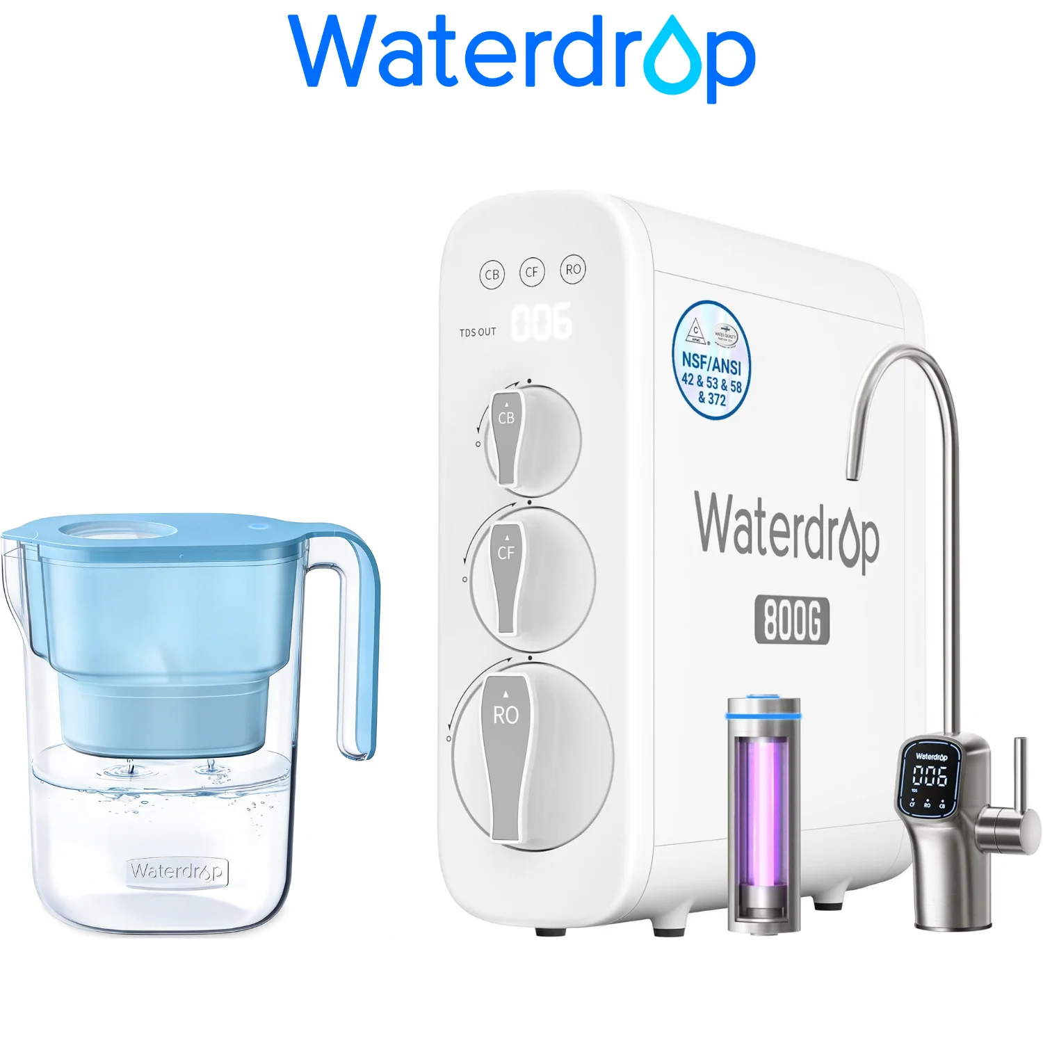 Waterdrop G3P800 Reverse Osmosis System, LED Purifier, Smart Faucet, Including Waterdrop Water Filter Pitcher with 1 Filter