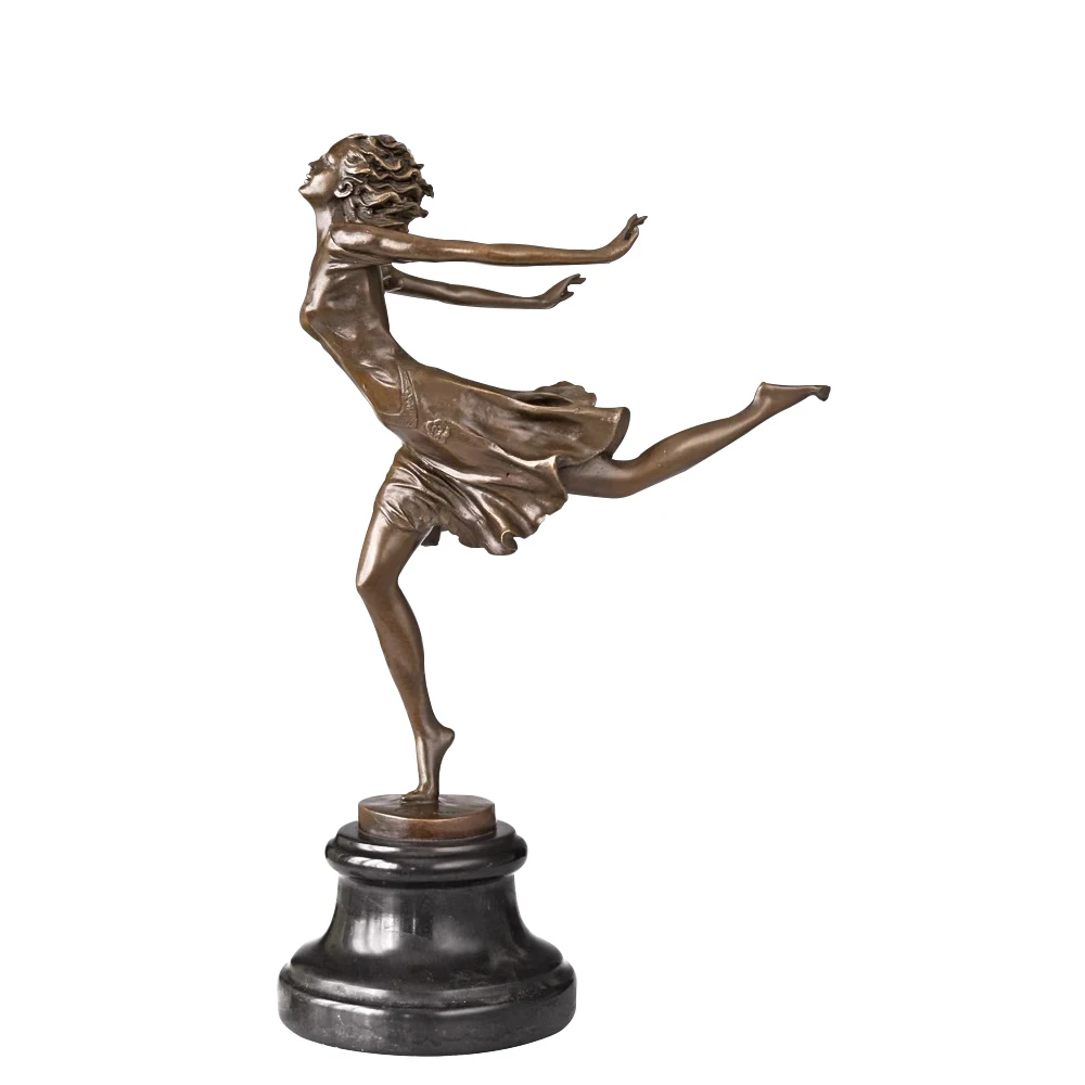 Bronze Running Woman Statue Figurine Modern Sculpture Marble Base Gorgeous Home Decoration