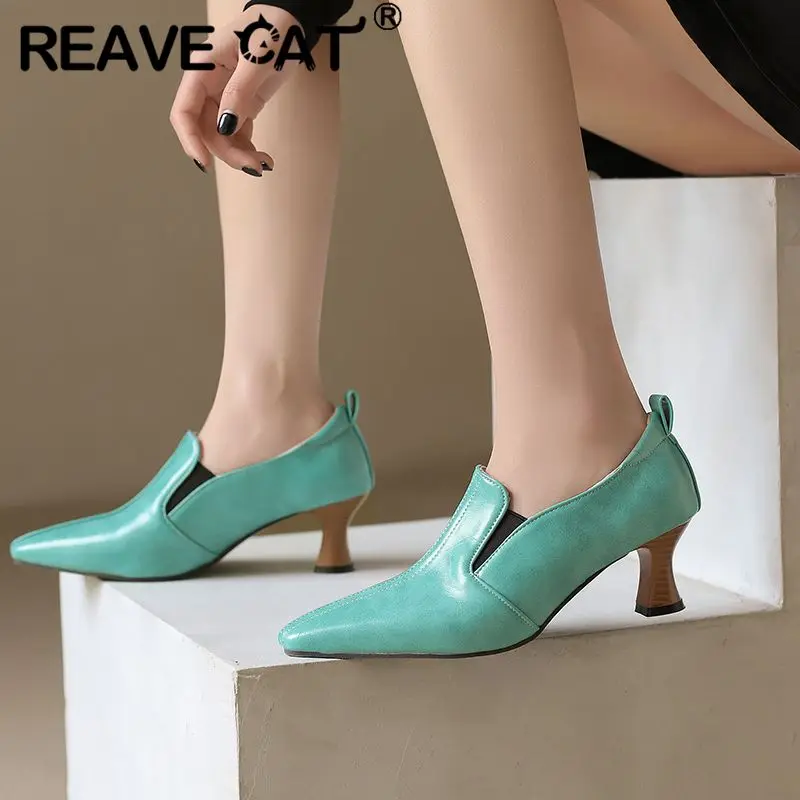 

REAVE CAT New Retro Female Pumps Square Toe Strange Heels 5.5cm Slip On Plus Size 49 50 Casual Concise Daily Women Shoes Spring