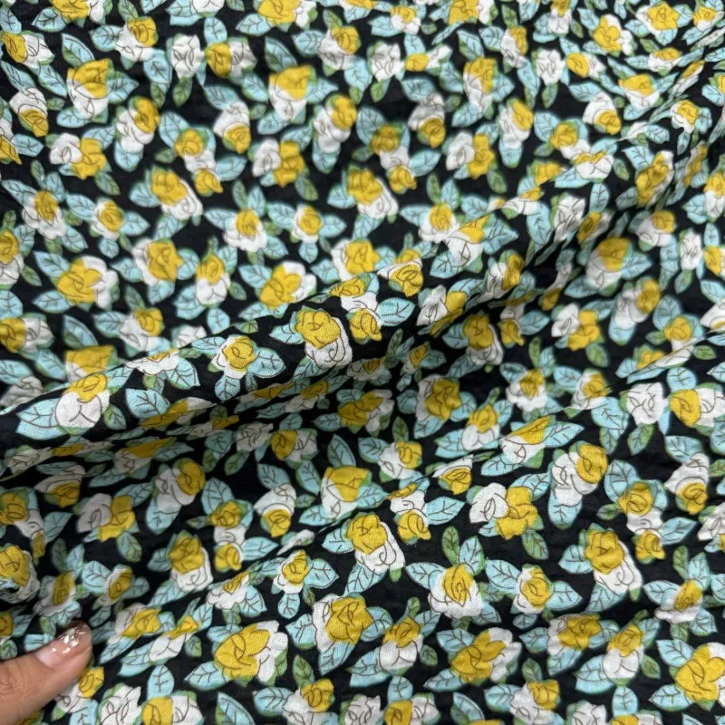 100% Cotton Black Base Salt Shrink Bubble Cotton Texture Fabric Yellow Floral Dress Breathable Shirt Children's Clothing Fabric