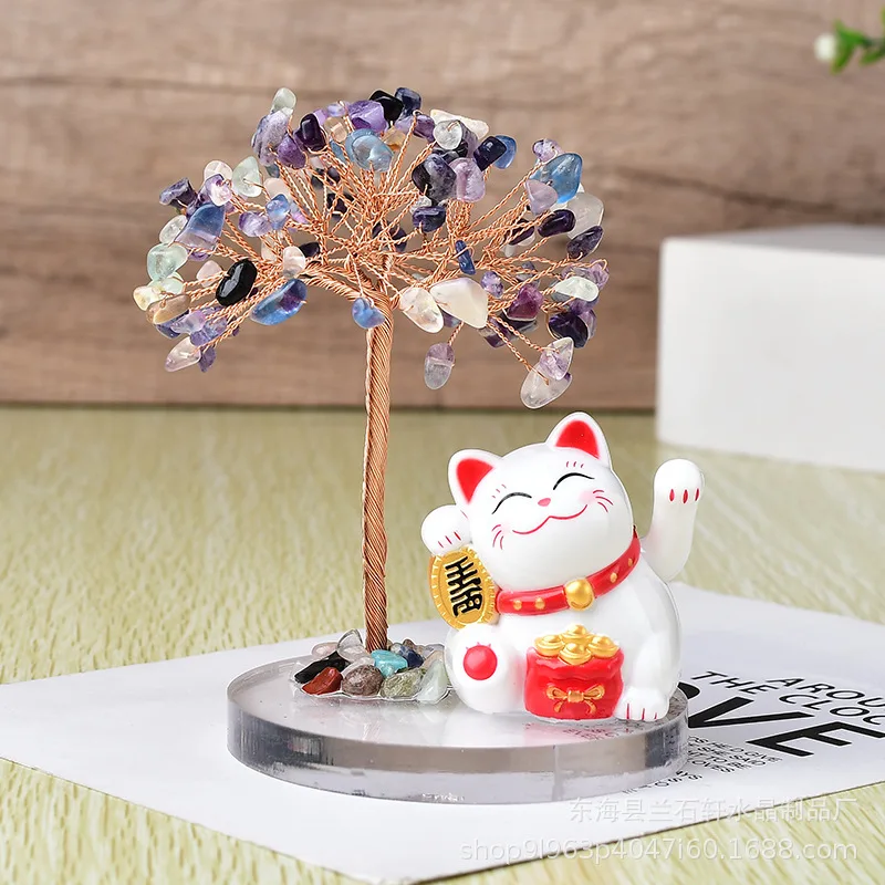 Lucky Cat Base Fate Tree Solar Energy Shake Hands Cat Natural Crystal Crushed Stone Life Tree Handwoven Office Desk Decoration