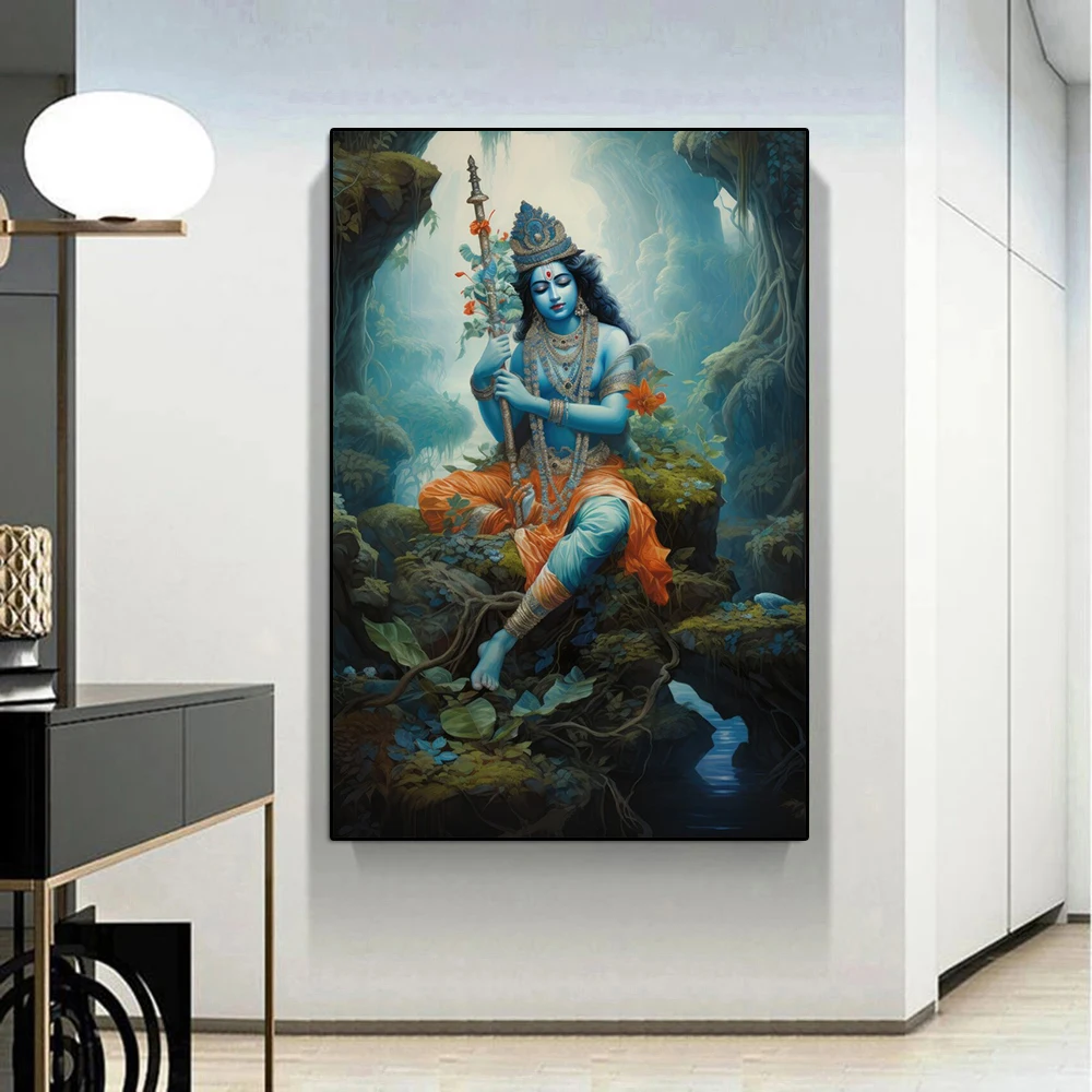 Modern Indian Krishna Hindu God Print Canvas Painting, Krishna Portrait Poster Wall Art for Living Room Bedroom Decor, No Frame