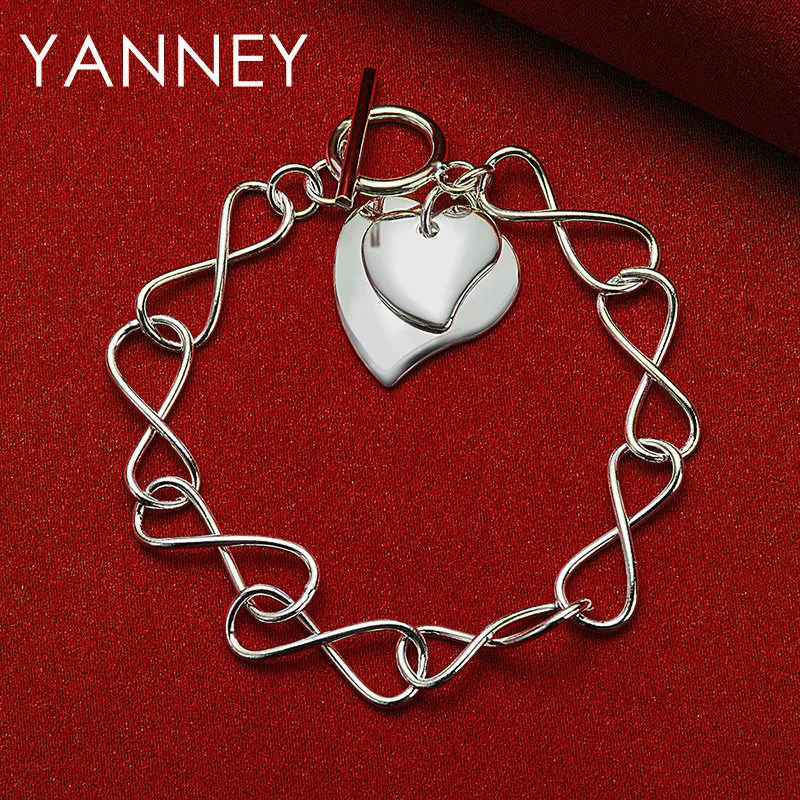 

Charm 925 Sterling Silver 8 Inches Luxury Heart Pendant Bracelet For Women Fashion Jewelry Wedding Party Girlfriend Gift