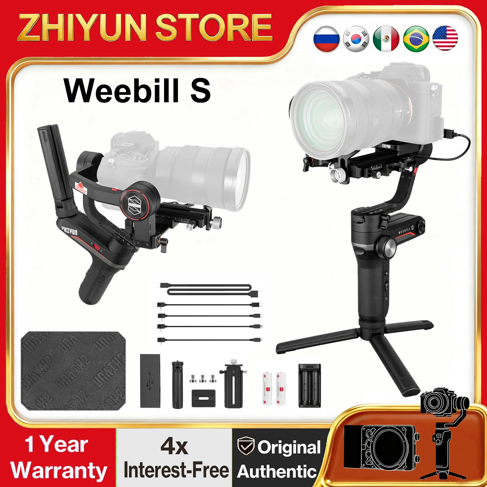 ZHIYUN WEEBILL S 3-Axis Gimbal Stabilizer for Sony A7C A6400 A7M3/Canon 5D Mark IV R6/Nikon Z6II Z30/Panasonic GH5 GH6/Fuji X-T4