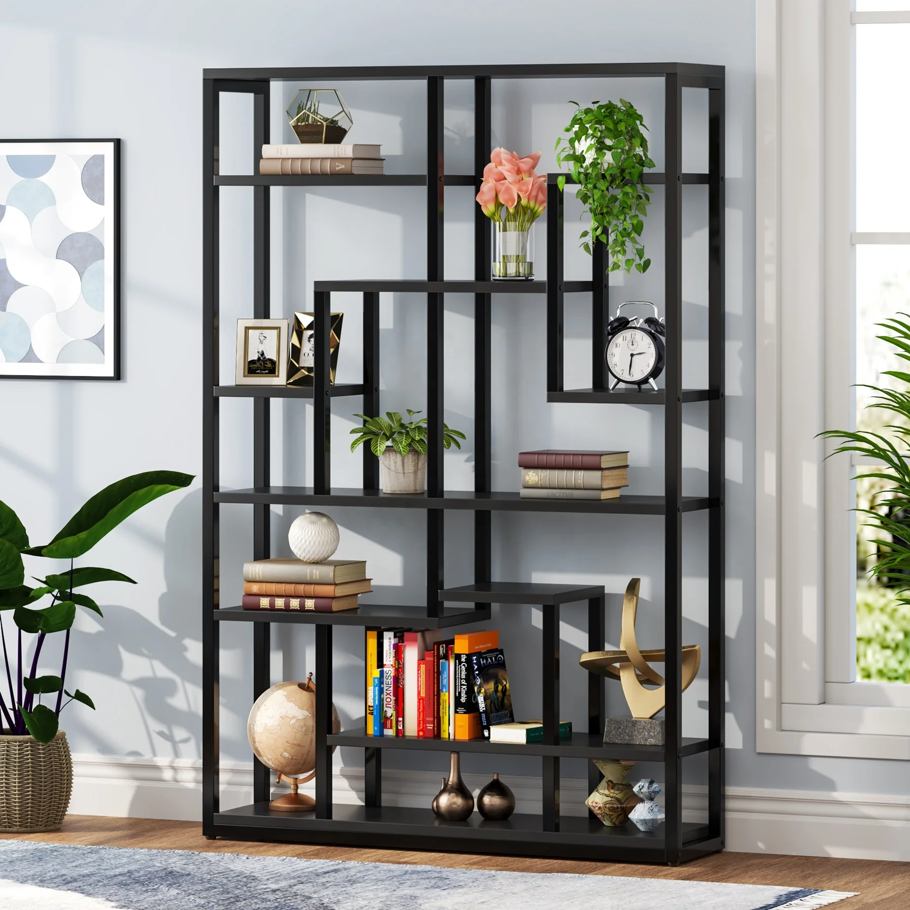 xx-New Modern Simple Design Wooden 9-Tier Vintage Wide Standing Bookshelf For Home Office Living Room Open Metal Bookcase*