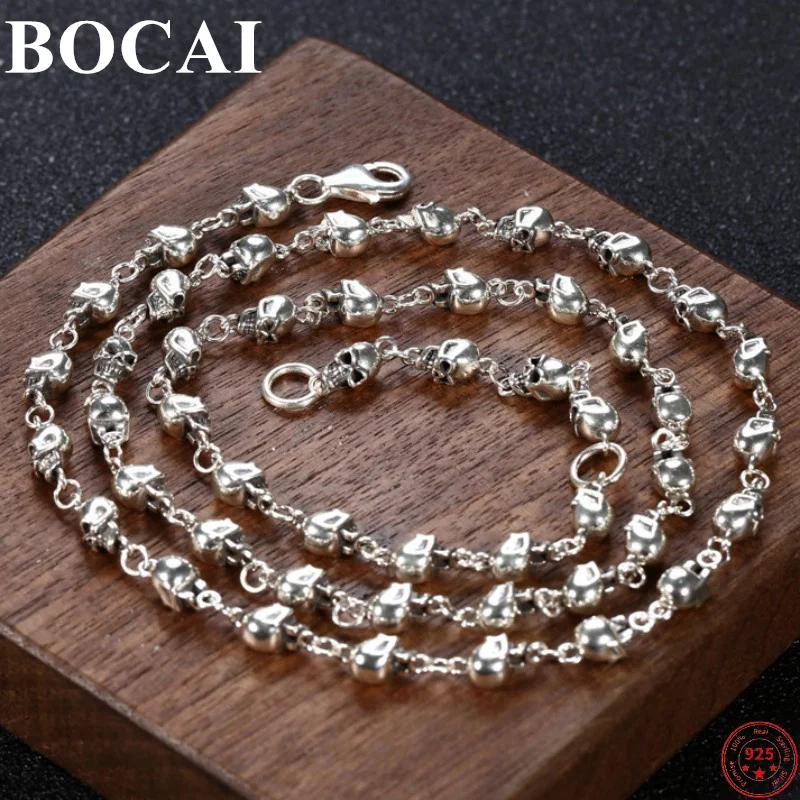 BOCAI S925 Sterling Silver Necklaces New Fashion Skull Y-buckle Bead-chain Pure Argentum Punk Viking Jewelry for Men Women