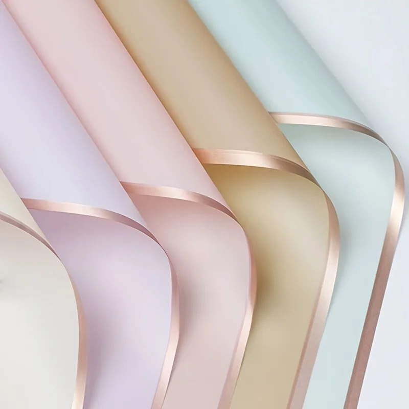 5 piezas de película de gelatina de borde dorado, papel mate impermeable, papel de regalo de flores frescas, ramo de arte floral, declaración del festival