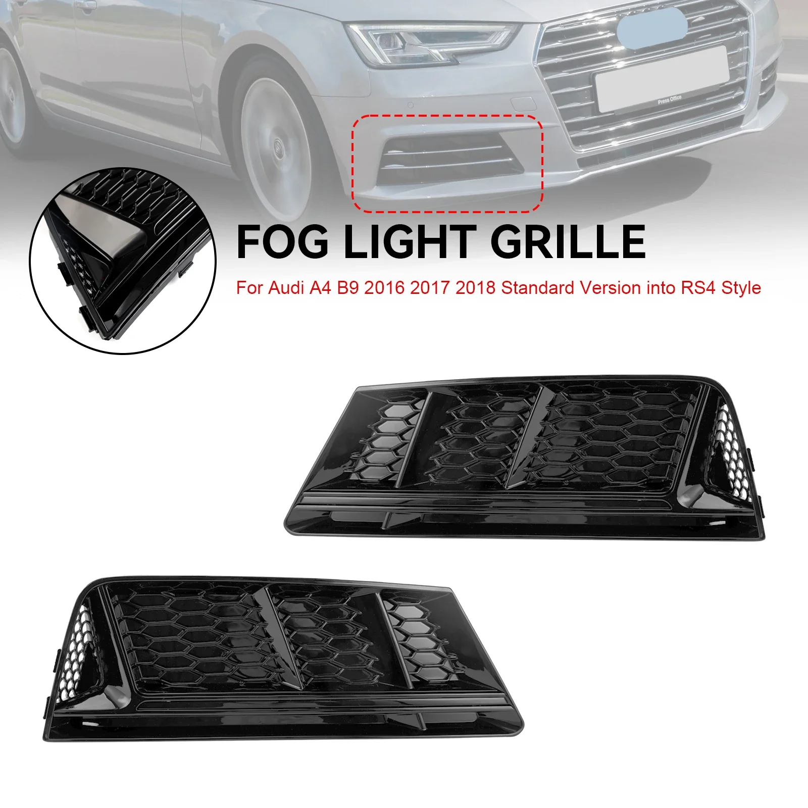 

1 Pair Glossy Black Car Front Bumper Lower Fog Light Lamp Grill Grille Cover Fit For Audi A4 B9 2016 2017 2018 Car Accessories