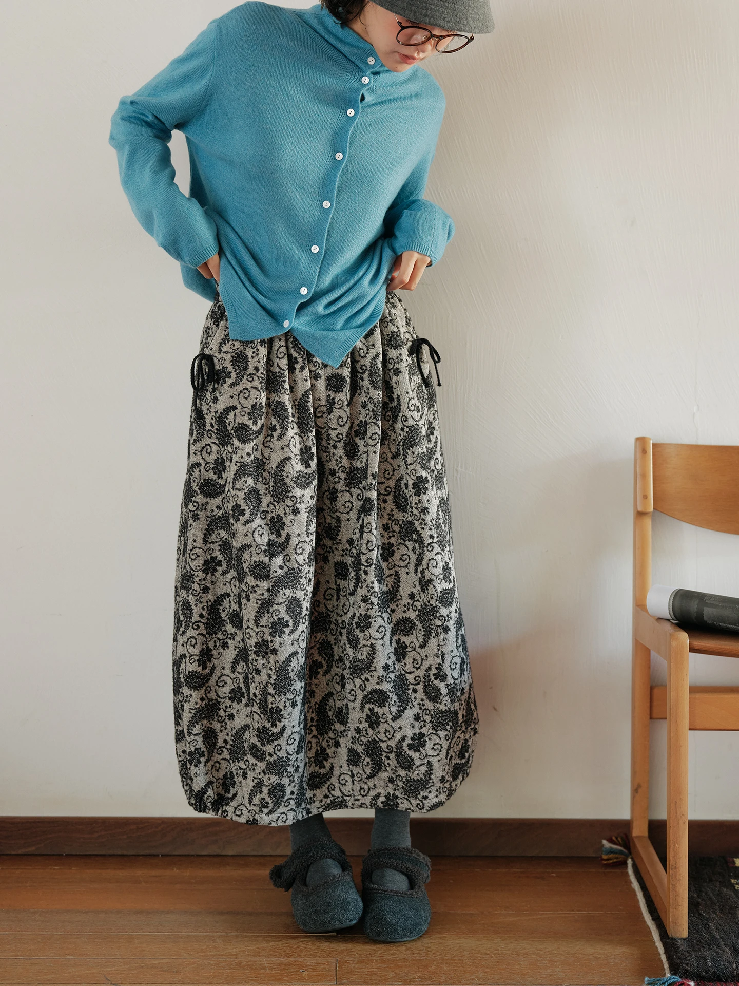 

Thiened Retro Elastic Waist Cotton Blend f Skirt Women's Winter Faion Casual Loose Fit Umbrella Skirt 0734