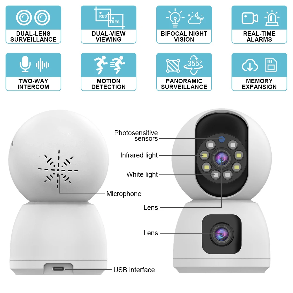 Telecamera di sicurezza Telecamera esterna/interna a doppio obiettivo Telecamera WiFi per visione notturna a colori Telecamera di sorveglianza bidirezionale per la sicurezza domestica