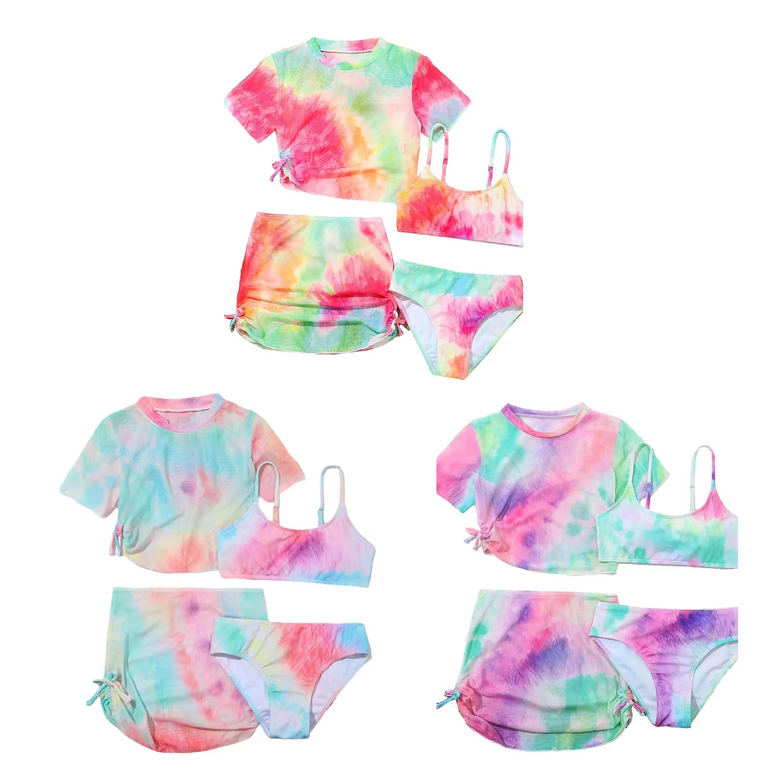 Colorful Print Swim Set for Girls 4 Piece Tankini Bikini Swimwear with Cover Up Top And Beach Skirt Set Bathing Suit